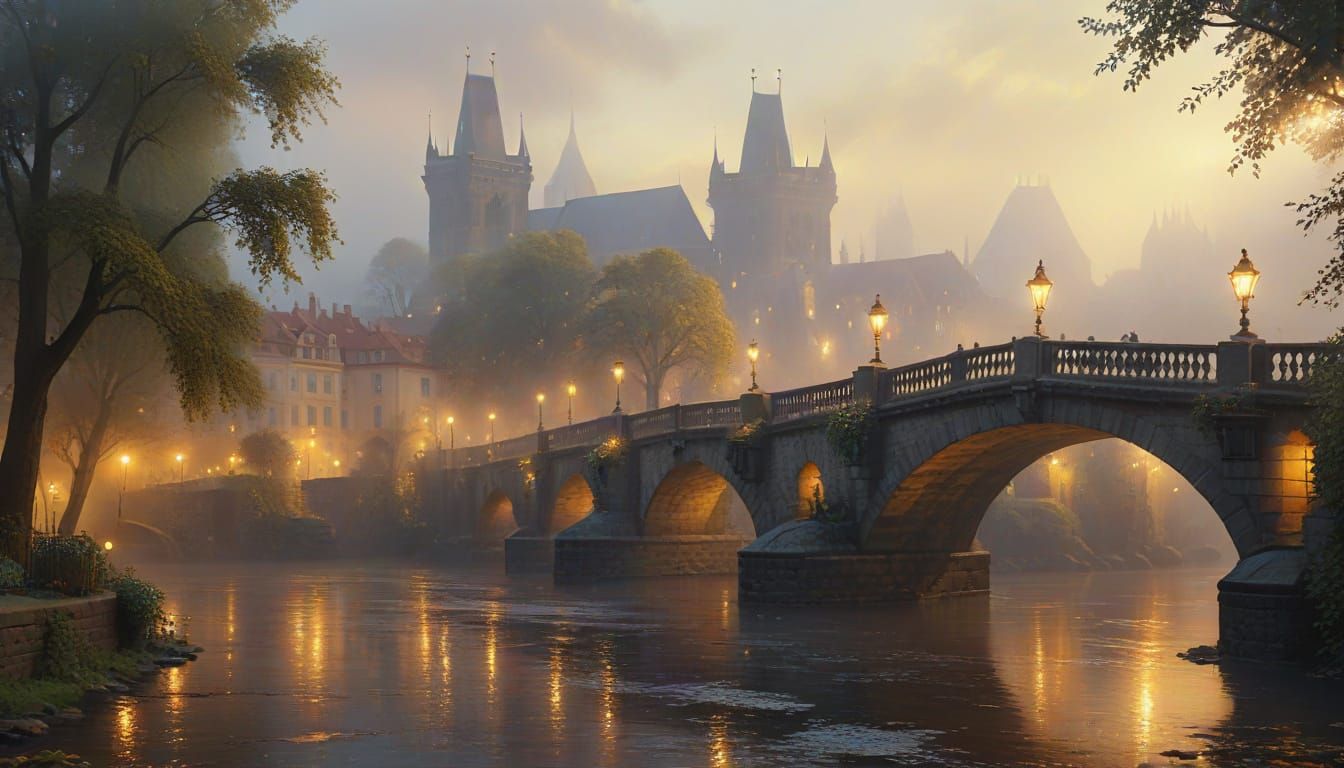 Misty Prague Bridge in Kinkade Style