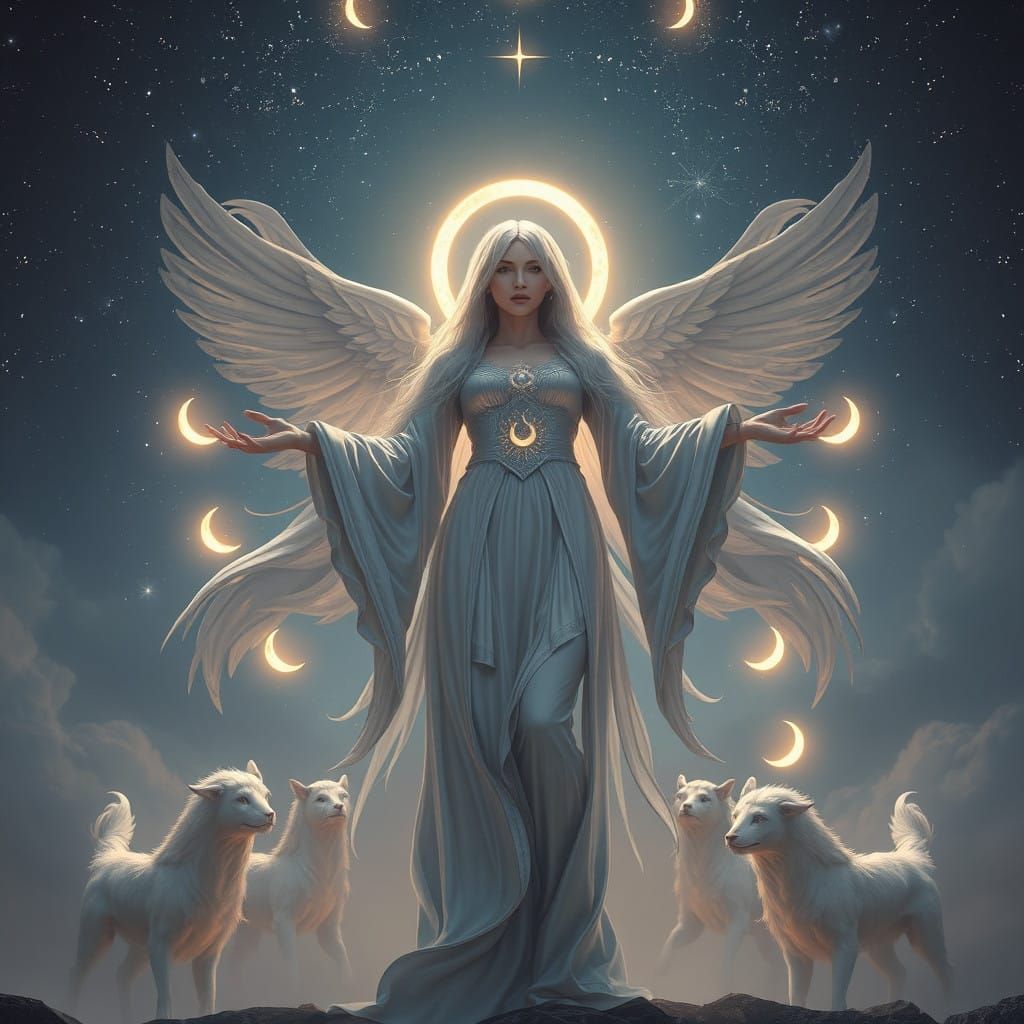 Celestial Goddess in Starry Skies with Glowing Runes and Cre...