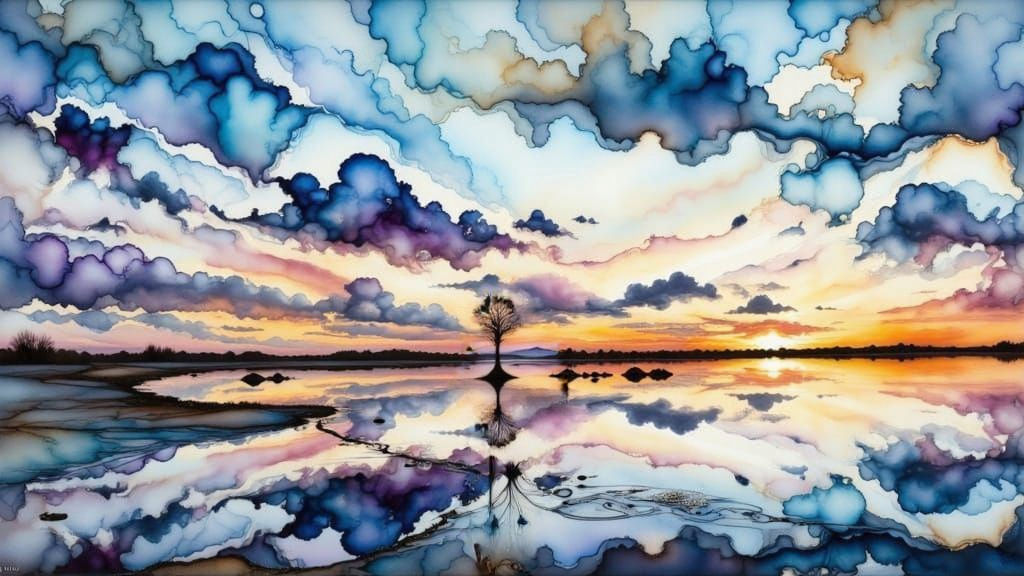 Vibrant Sunset Reflected on Bay in Alcohol Ink Style
