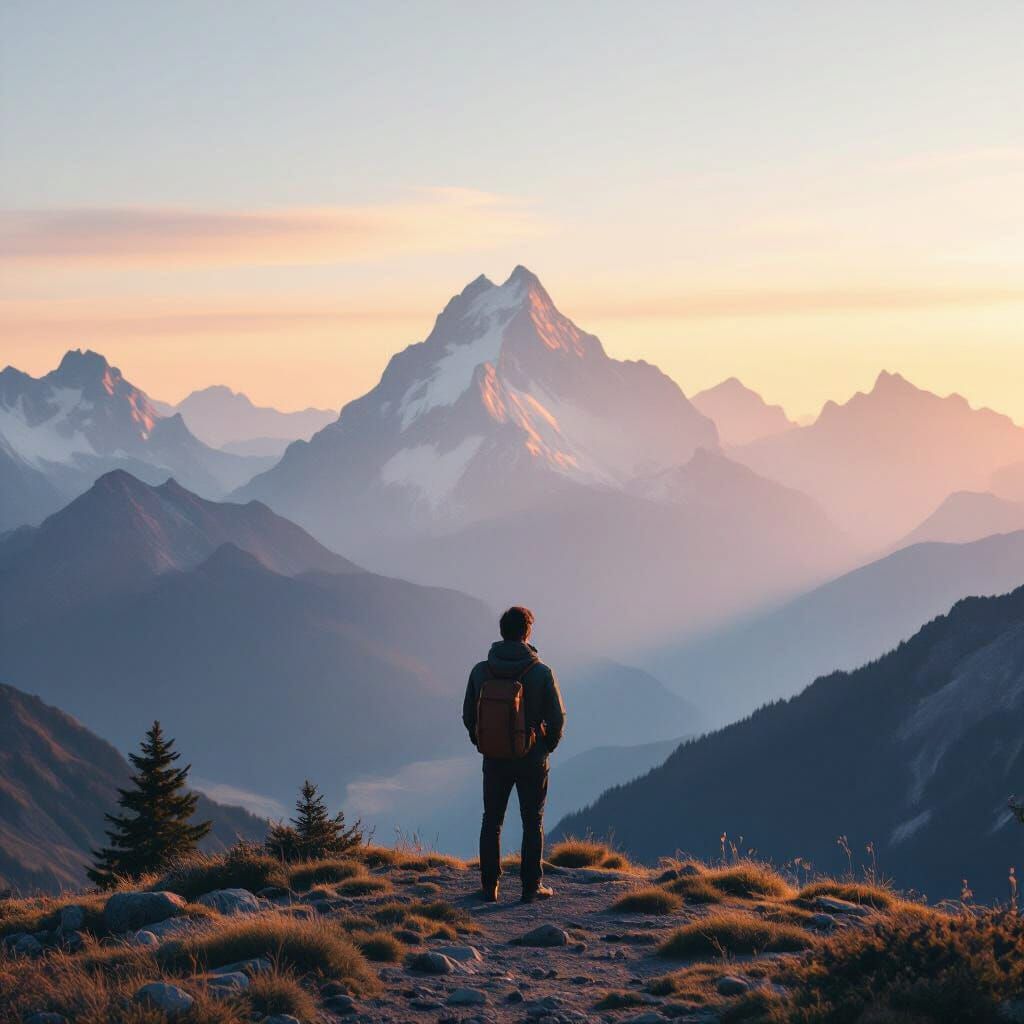Man Gazing at Mountain Vista in Soft Morning Light