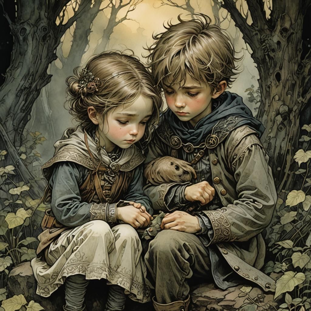 Brother Comforts Sister in Fantasy Illustration Style
