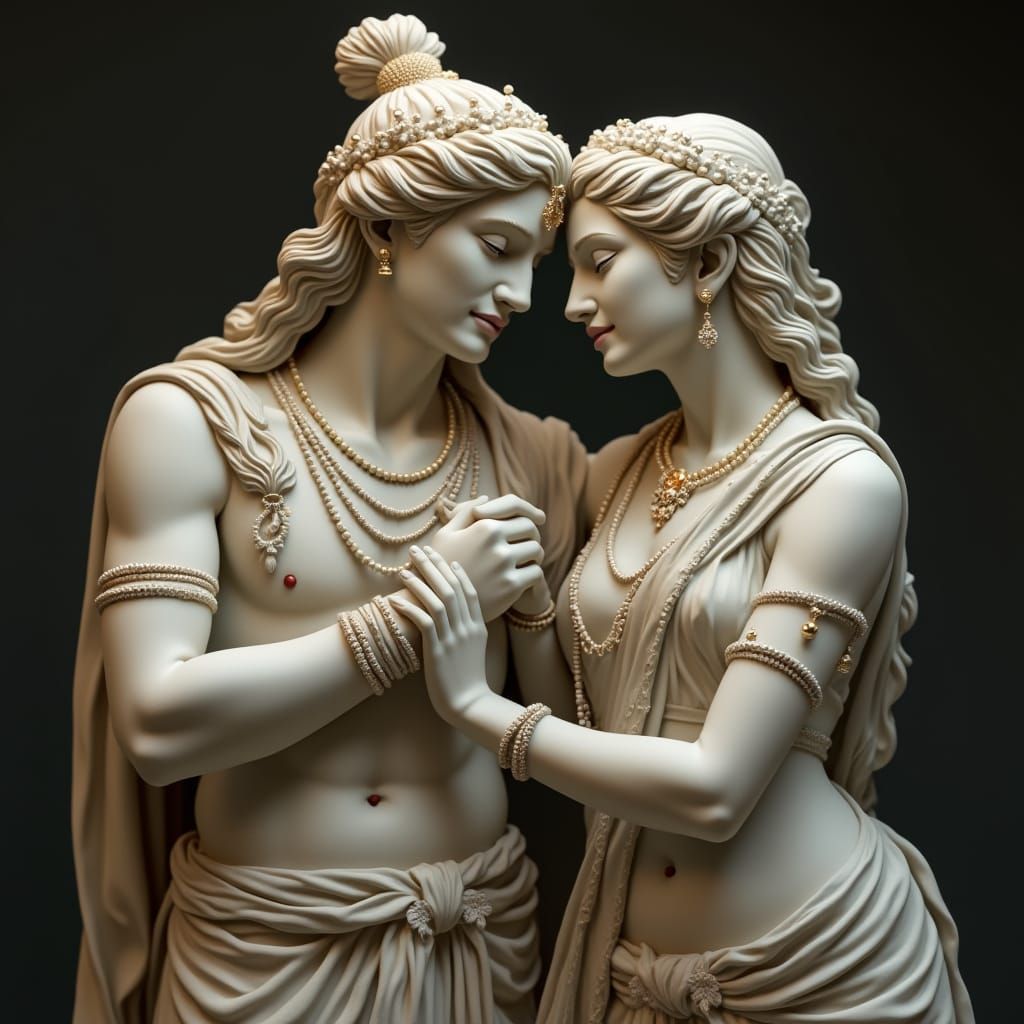 Romantic Radha Krishna Marble Statue in Hyper-Realistic Styl...