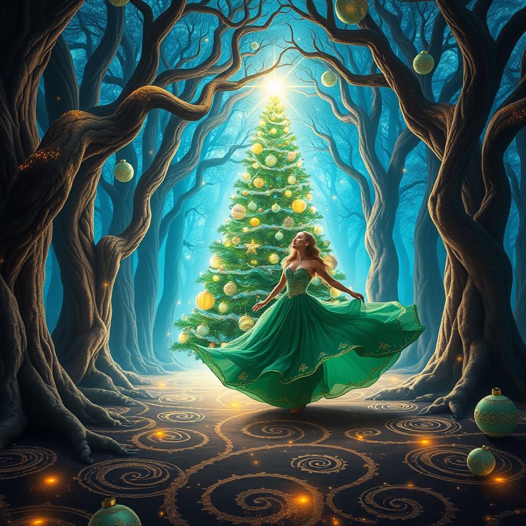 Whimsical Woman in Emerald Gown Twirls Around Glowing Christ...