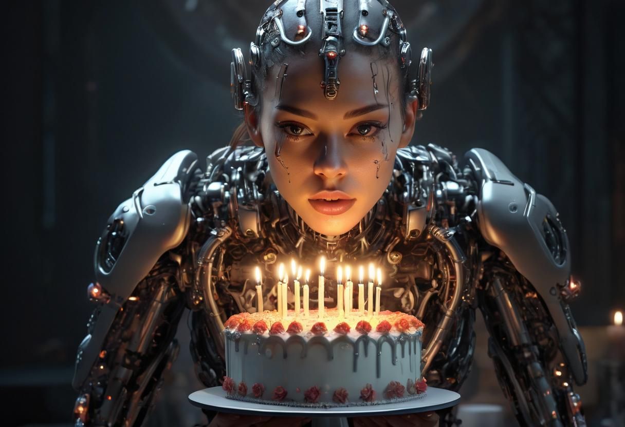 Cyborg Birthday Girl Blows Out Candles in Futuristic Paradis...