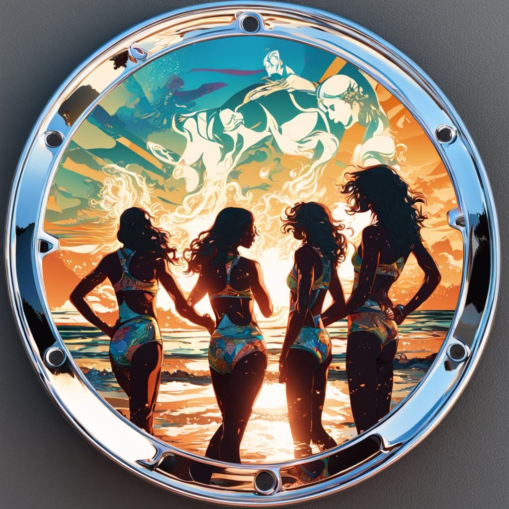 Reflective Hubcap Beach Volleyball Scene
