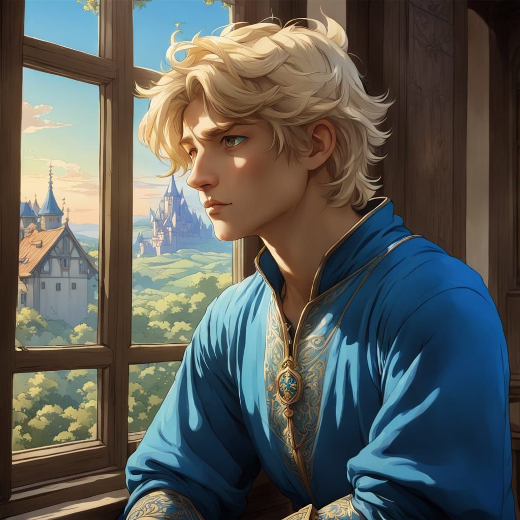 Medieval Boy by Window in Soft Dawn Light