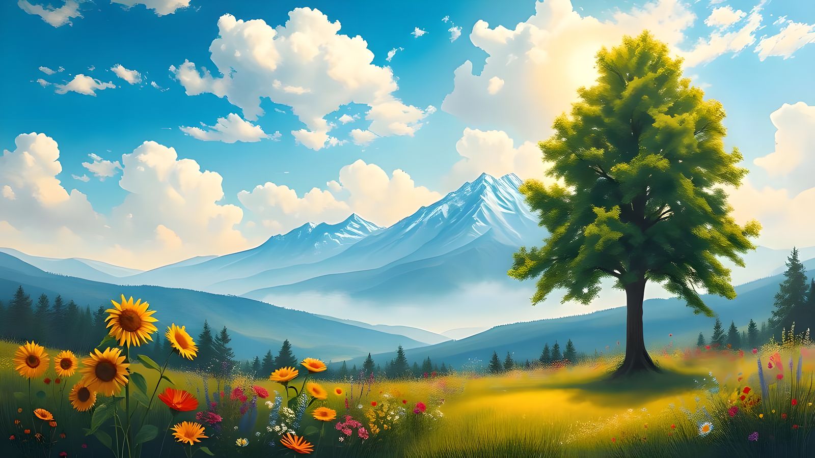 Idyllic Landscape Oil Painting with Golden Light