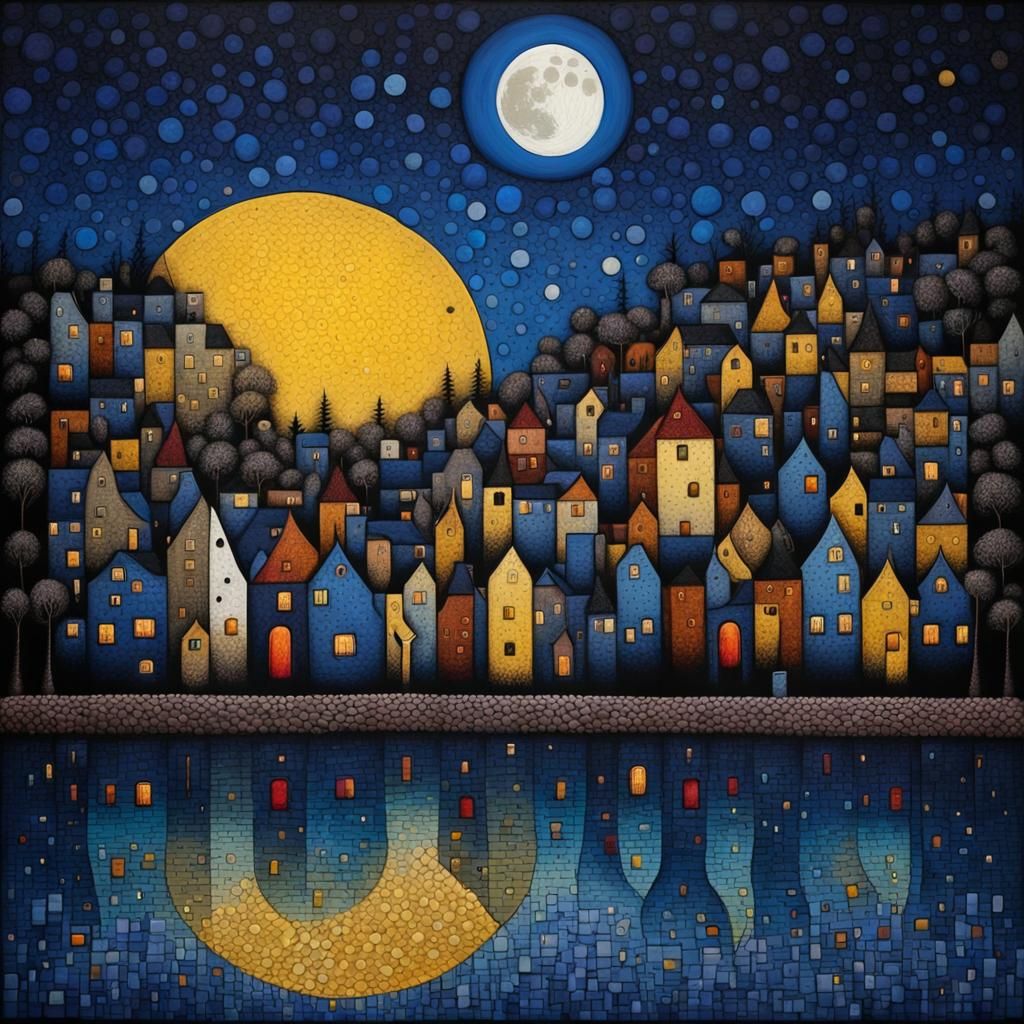 Pointillist Moon Over Riverscape in Bold Colors