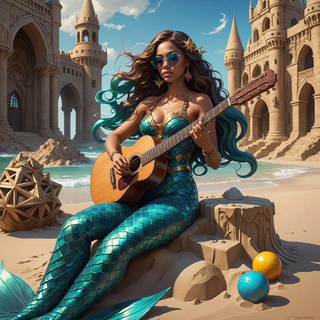 Mermaid Portrait with Aquatic Guitar, Hyperdetailed Art