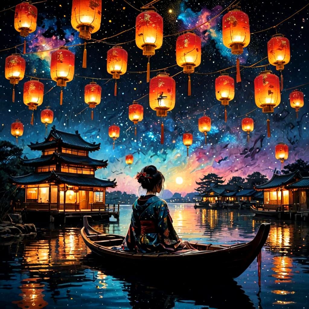 Geisha Silhouette at Lantern Festival in Anime Style