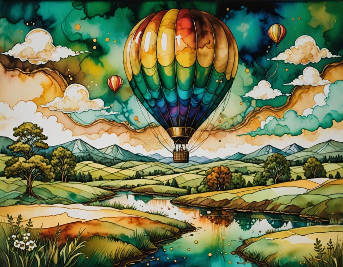 Fluid alcohol inks, rainbow colours and gold single balloon floating over a whimsical green and brown country landscape