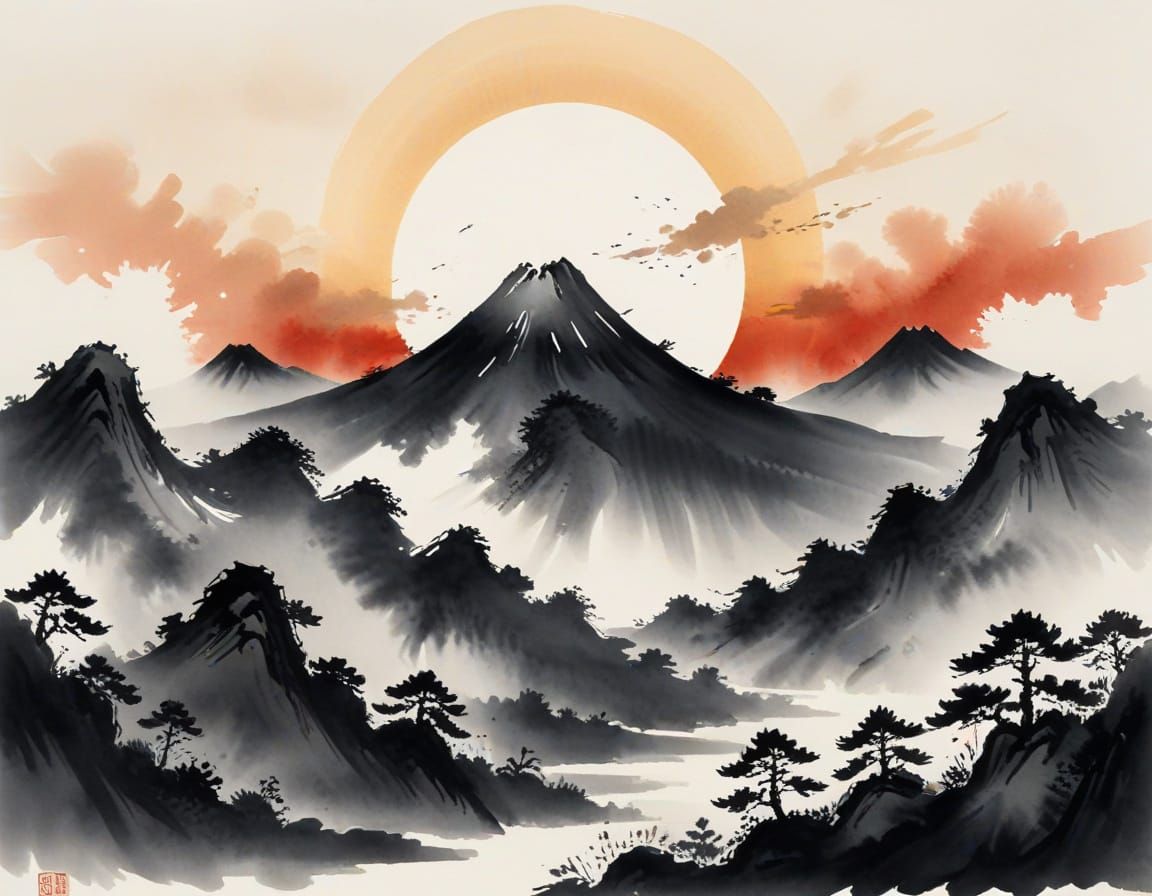 Minimalist Sumi-e Landscape with Rising Sun