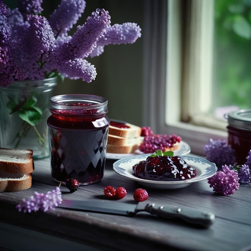 Hyperrealistic Berry Jam Still Life with Lilac
