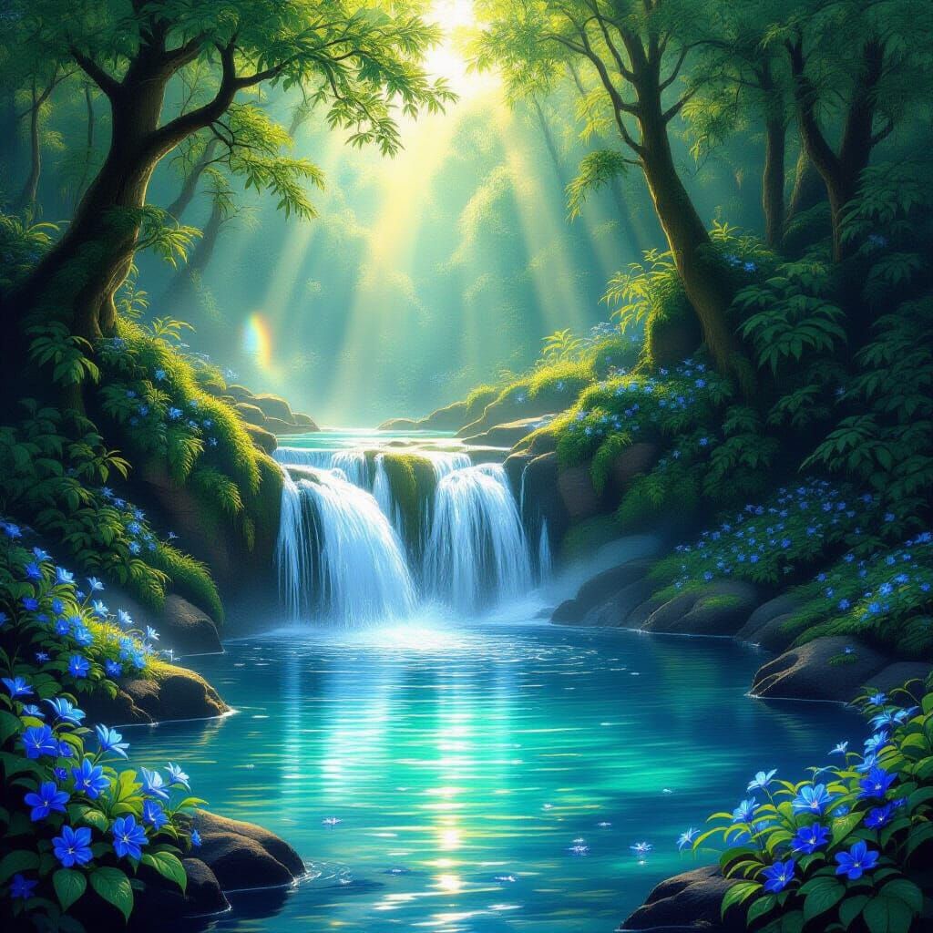 Enchanted Waterfall in Lush Forest with Glowing Flowers