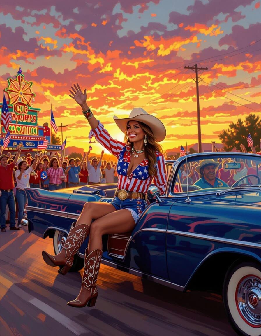 West Texas Parade with Festive Woman in Vintage Car