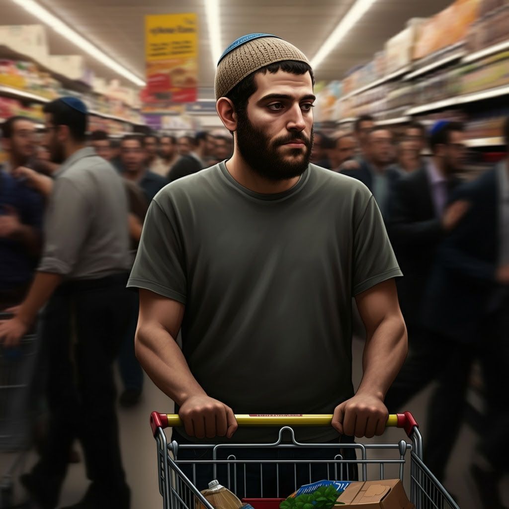 Man Stands Calmly Amidst Supermarket Chaos