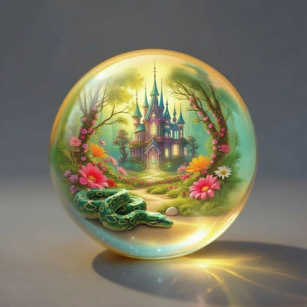 Magical Forest Diorama Inside Glass Orb on Sand