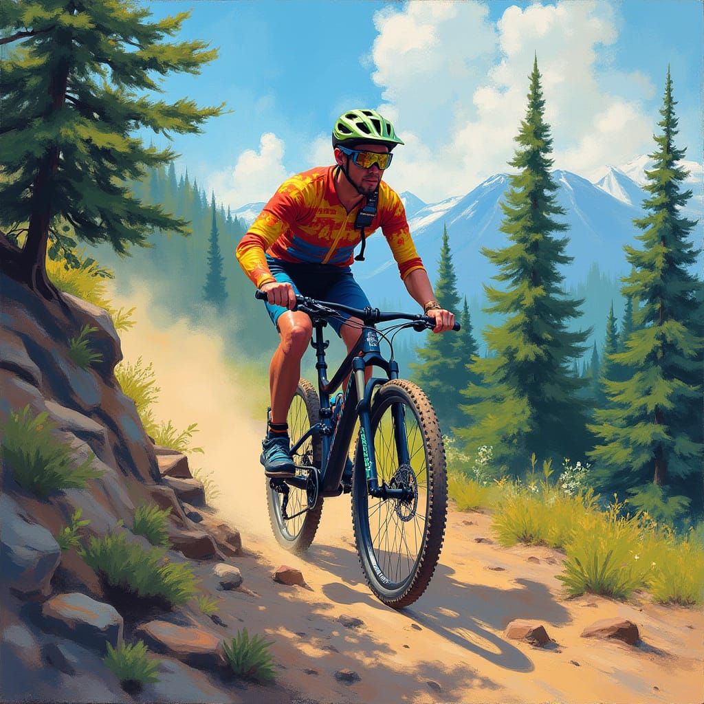 Mountain Biker Downhill Race as Impressionist Art