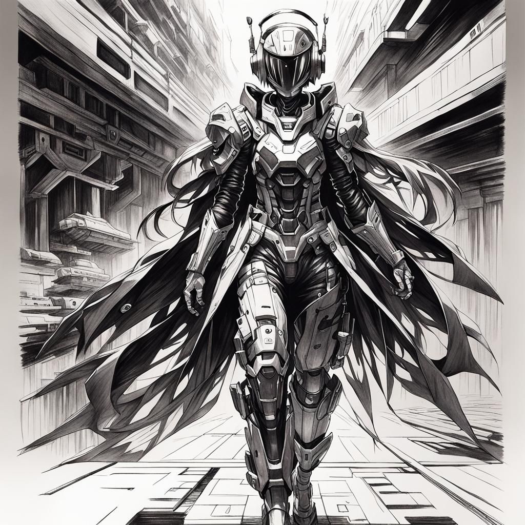 Sci-Fi Anime Girl in Charcoal Drawing