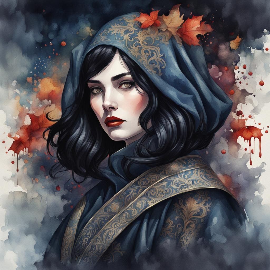 Gothic Vampire Woman in Classical Watercolor Illustration