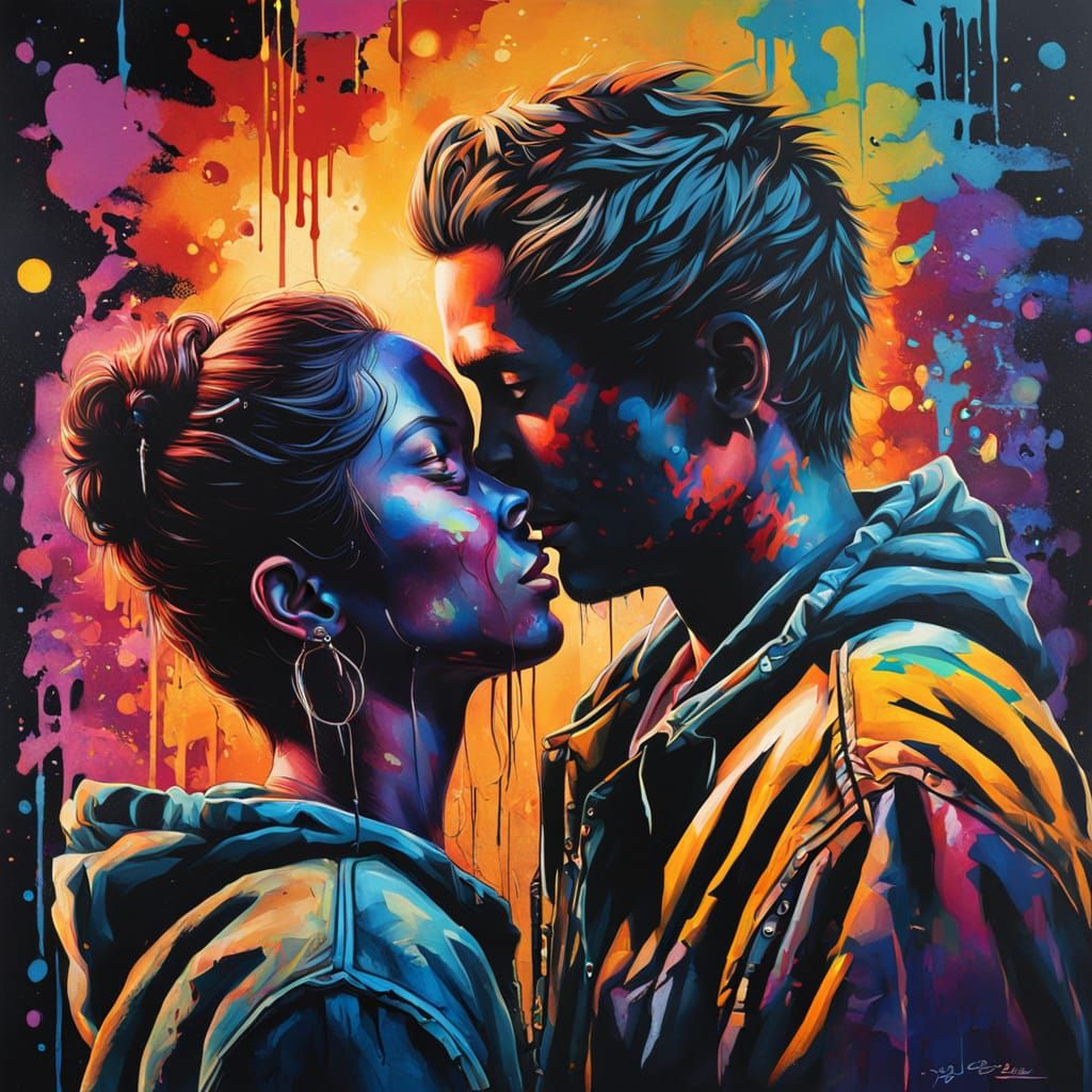 Couple Embracing Under Moonlit Graffiti