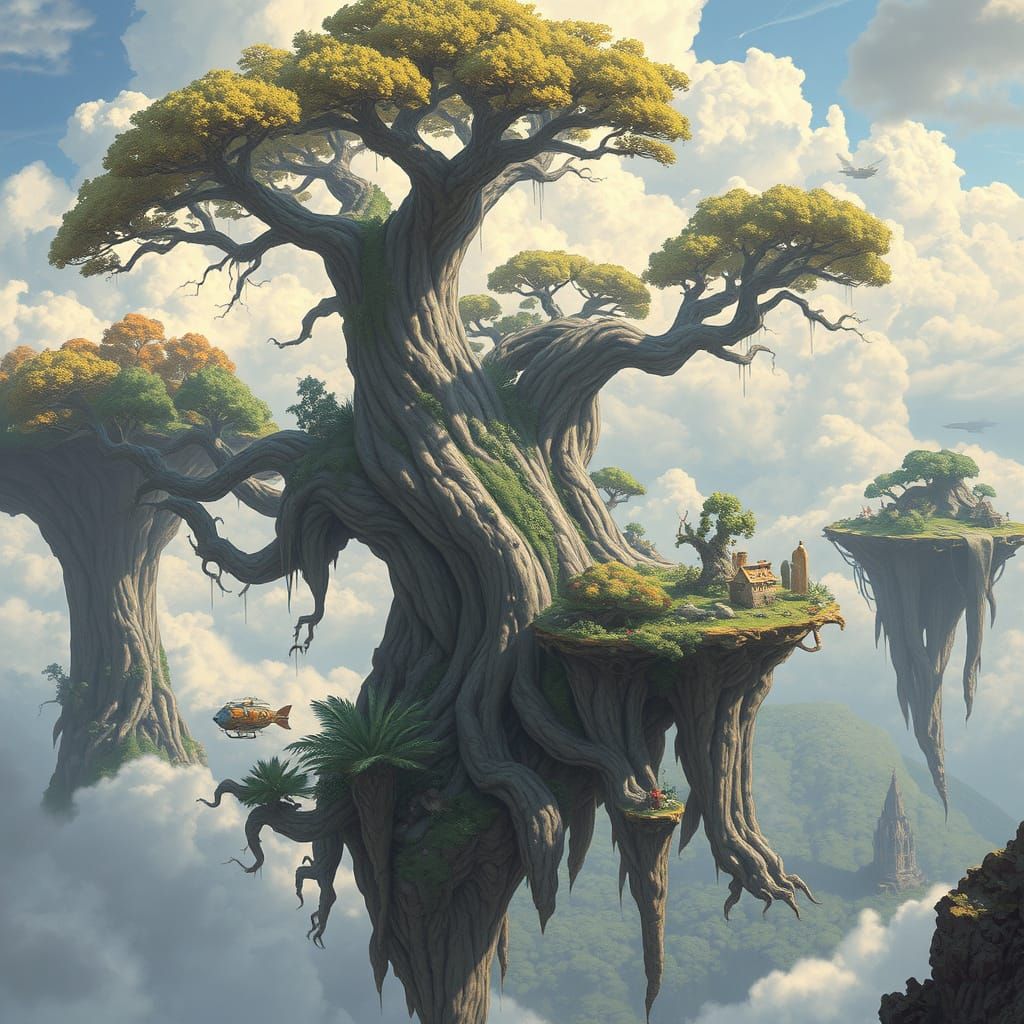 Giant Sky Forest Islands with Airships in Epic Fantasy Style