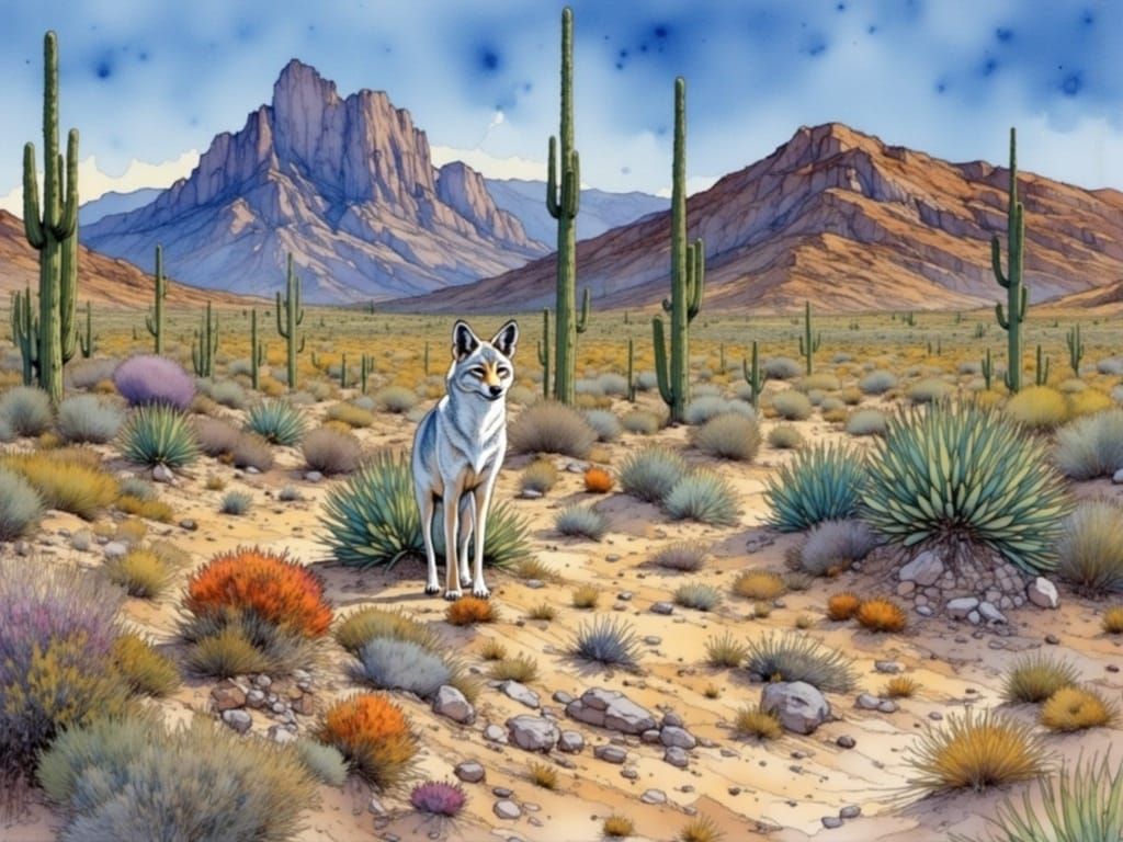 Coyote and Saguaro in Watercolor Style