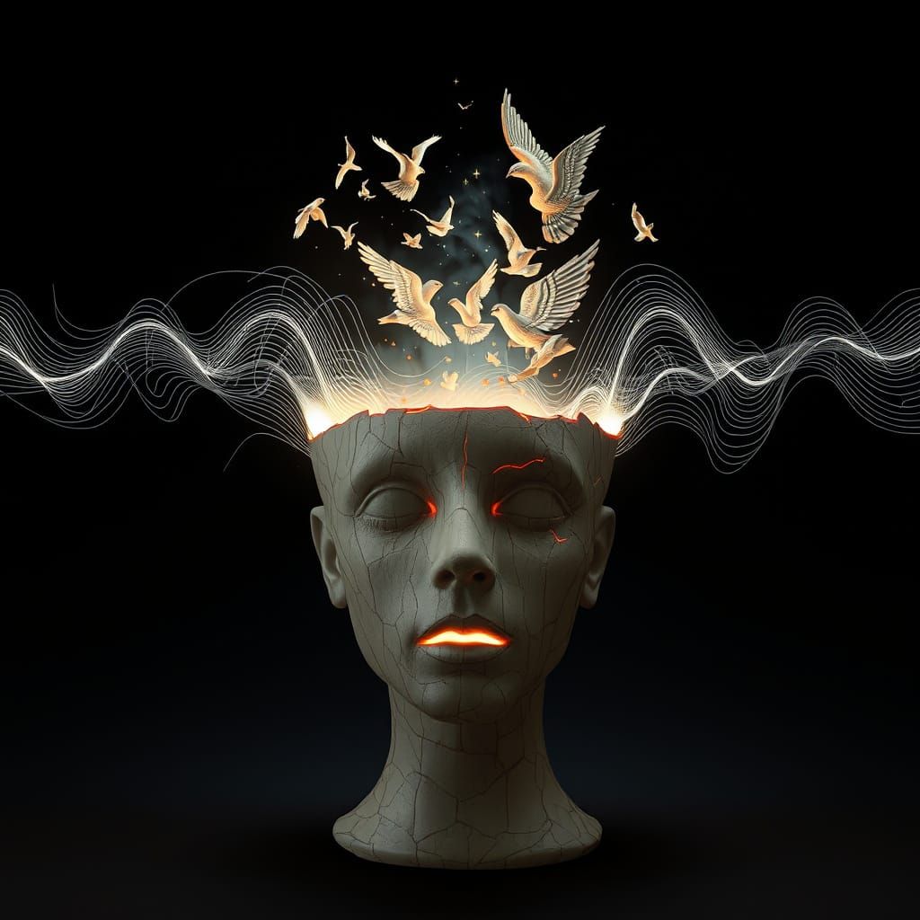 Surreal Ceramic Bust with Sound Wave Birds