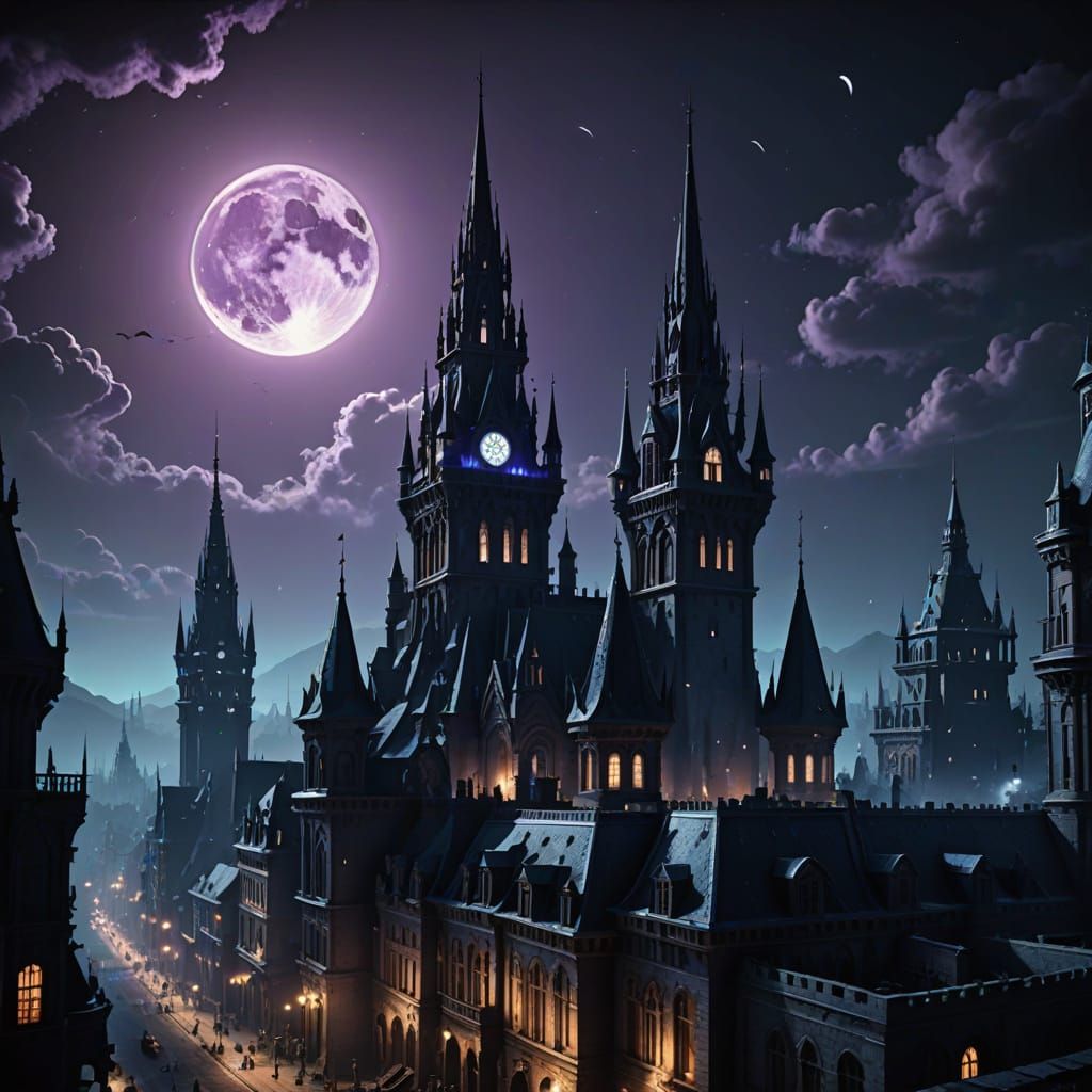 Cyberpunk Cityscape Under a Dark, Glowing Moon