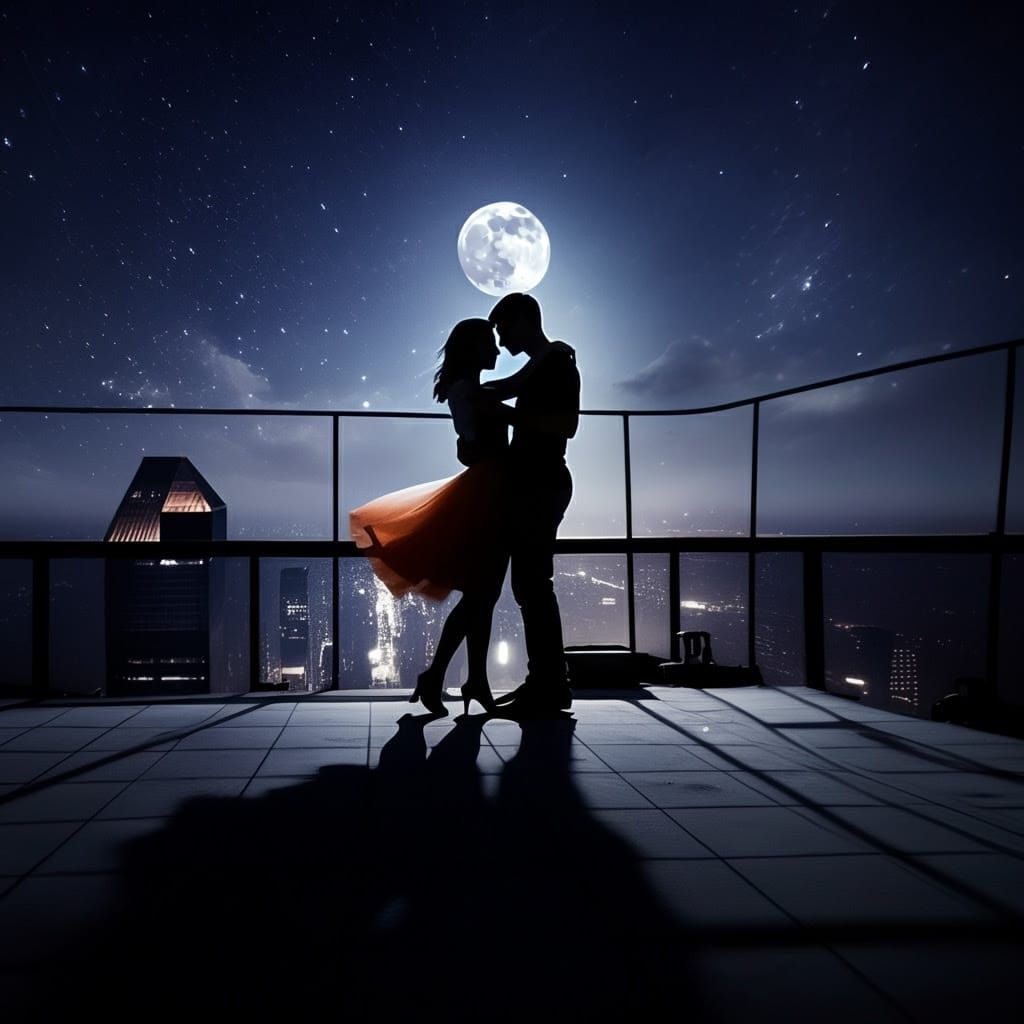 Romantic Rooftop Dance Under a Glowing Moon