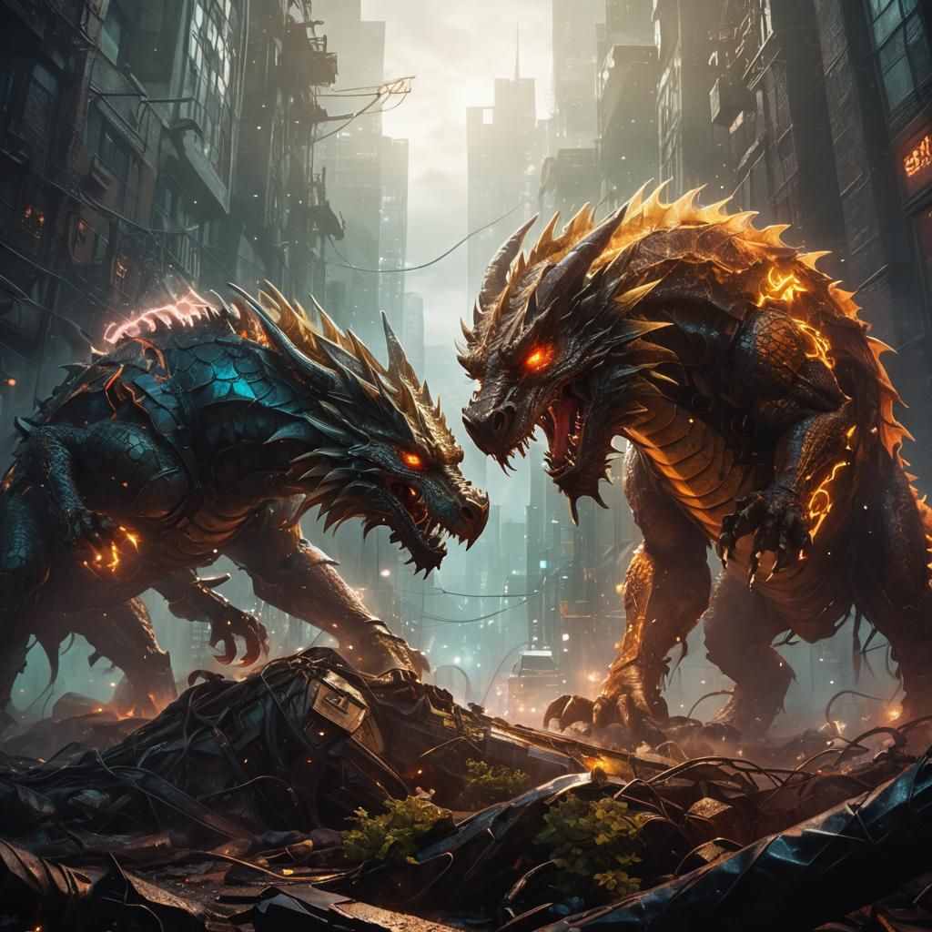 Neon Cyberpunk Dragon Versus Orc Fusion Artwork