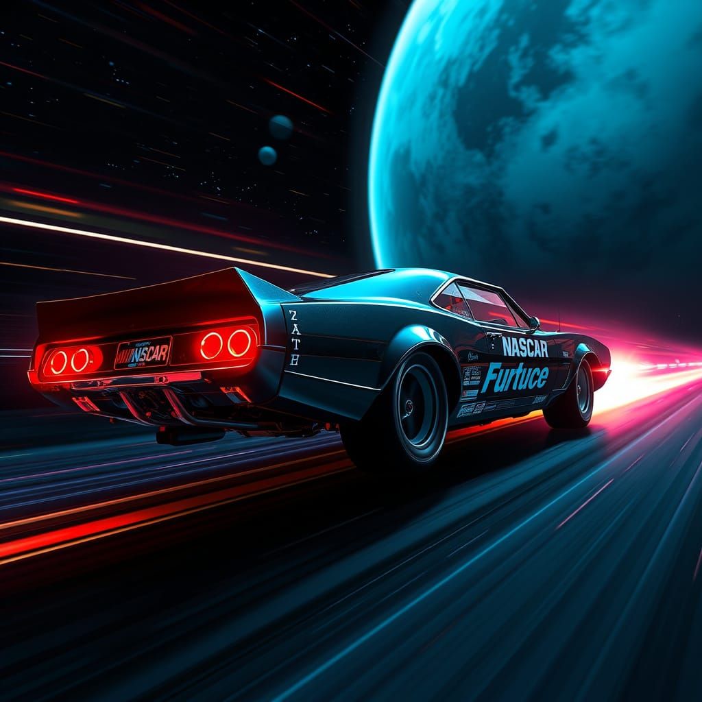 Futuristic Nascar Spaceship Pursuing in Dark Space