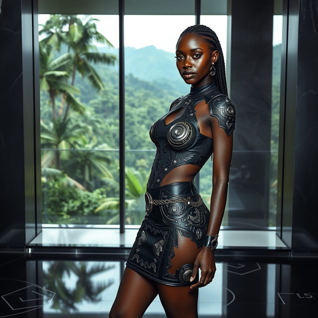 Futuristic Black Woman in Amazon Rainforest Hotel