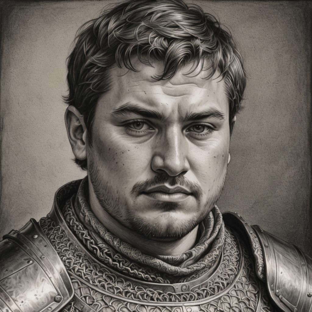 Hyperdetailed Charcoal Drawing: Young Medieval Peasant Soldi...