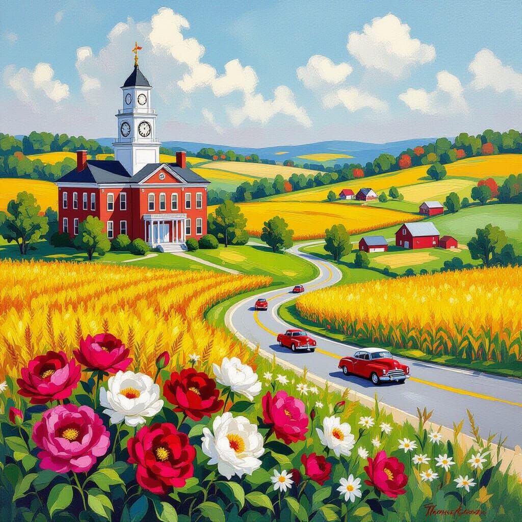 Indiana Landscape with Courthouse as Impressionist Painting