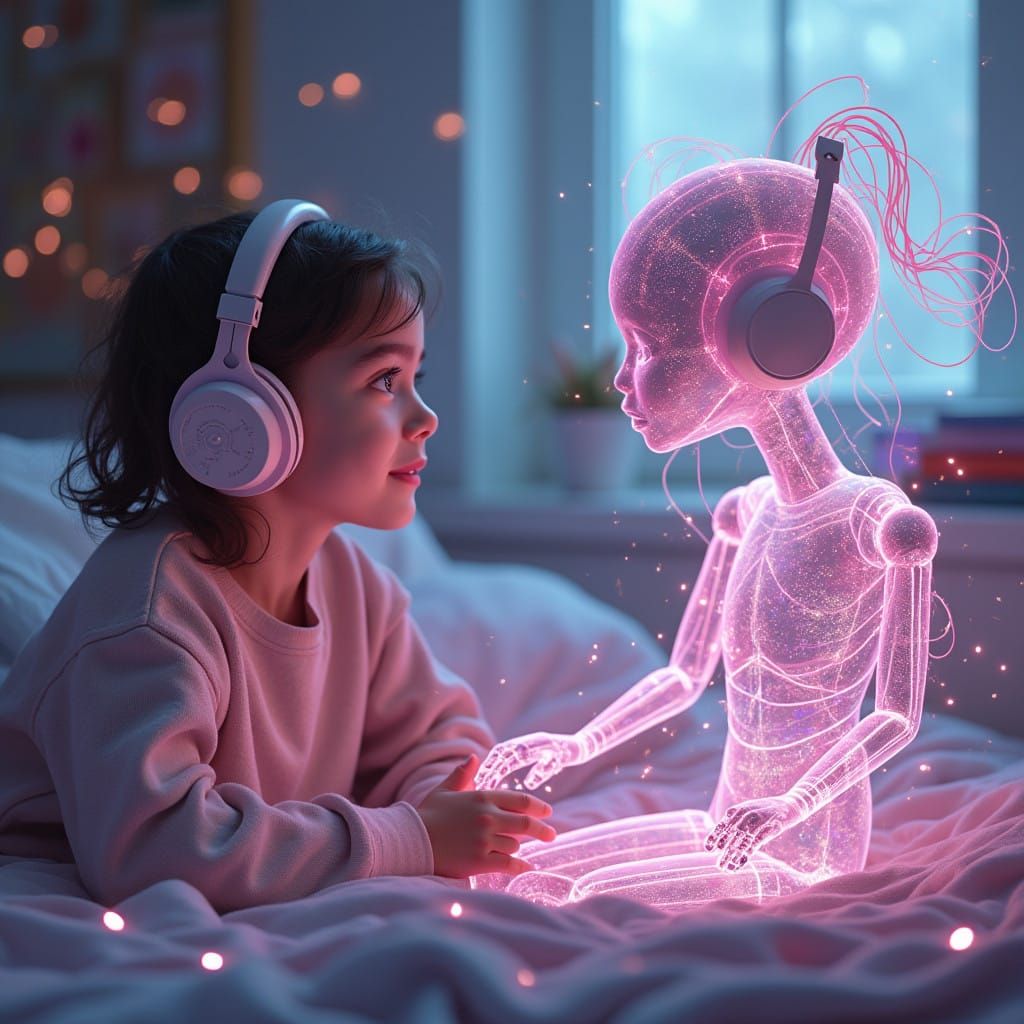 Girl in Pastel Room Engages with Ethereal AI in Futuristic S...