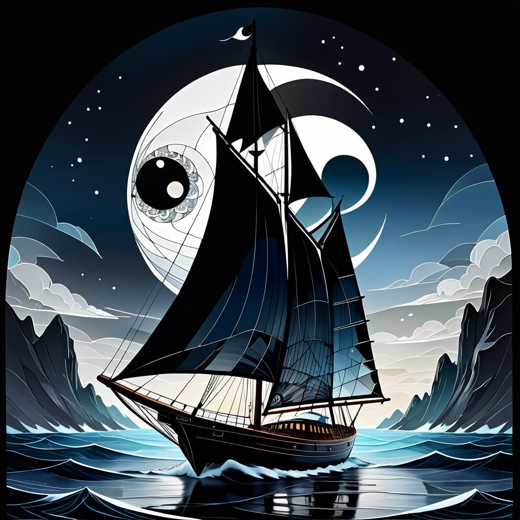 Stained Glass Sailing Boat with Yin-Yang Sail