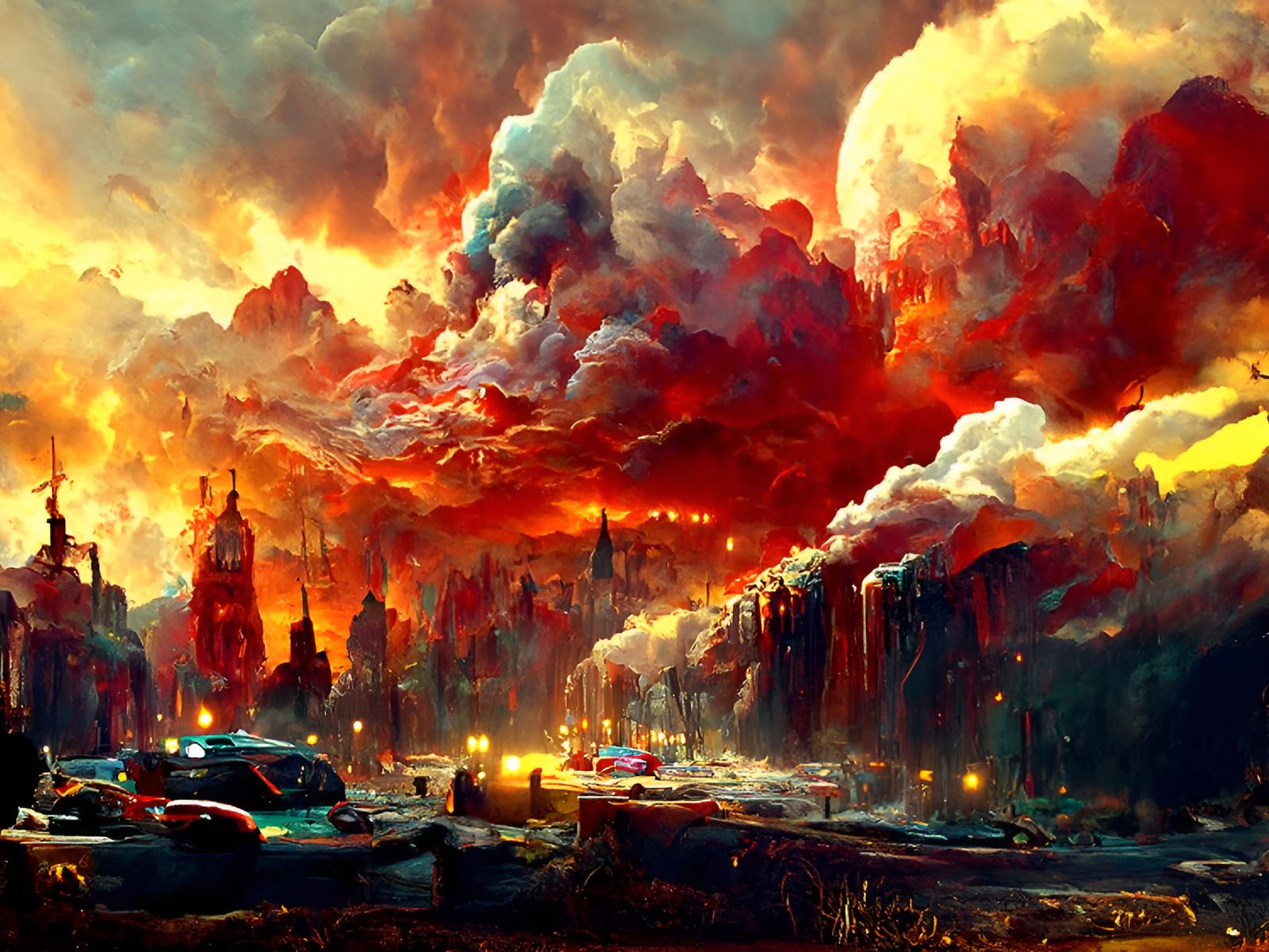 Inferno: A City Ablaze in Hyperrealistic Art Style