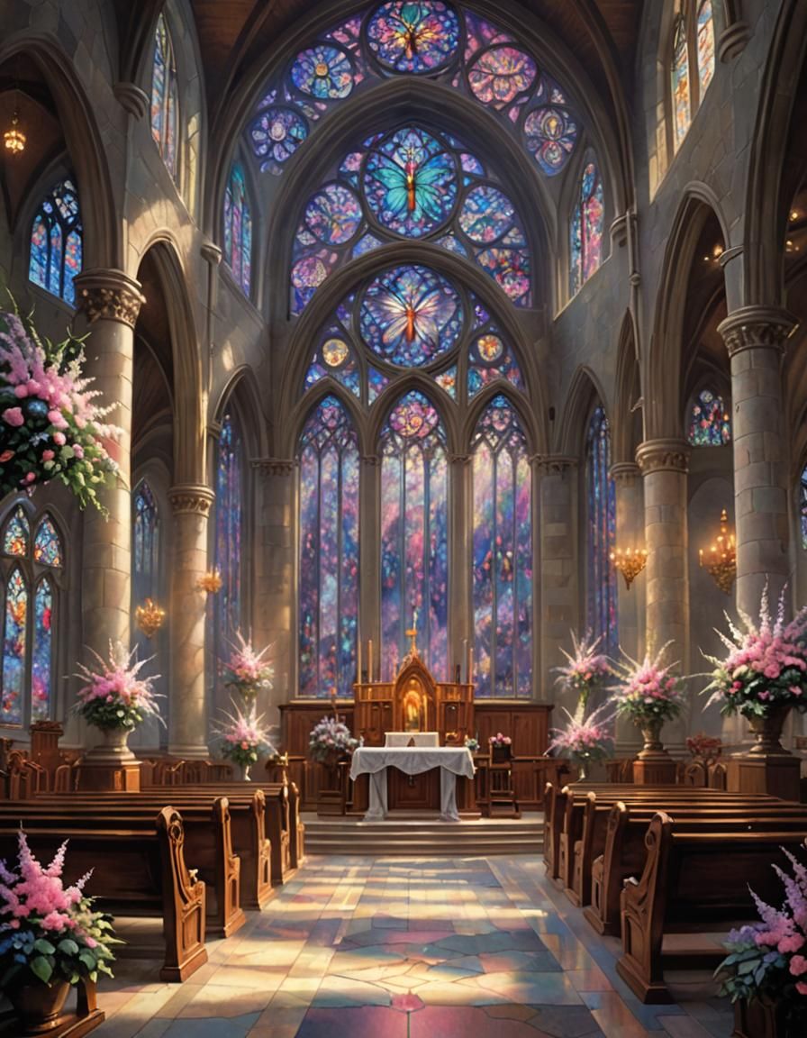 Ethereal Church Interior with Stained Glass and Flowers