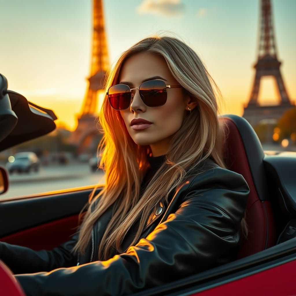 Confident Woman in Red Sports Car in Front of Eiffel Tower
