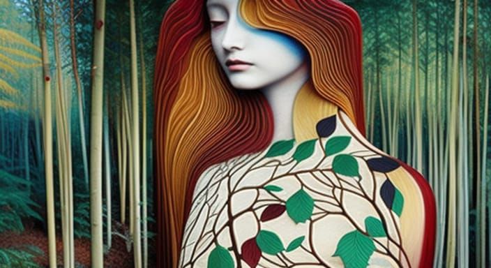 Sunset Human-Vine Hybrid in Forest, Fashion Magazine Art