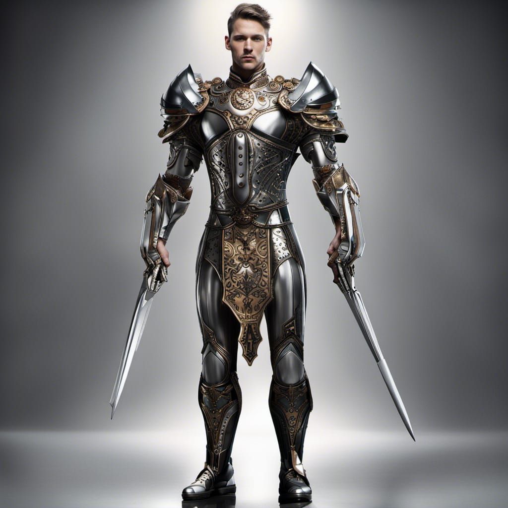 Heroic Cyborg Warrior in Ornate Knight Armor