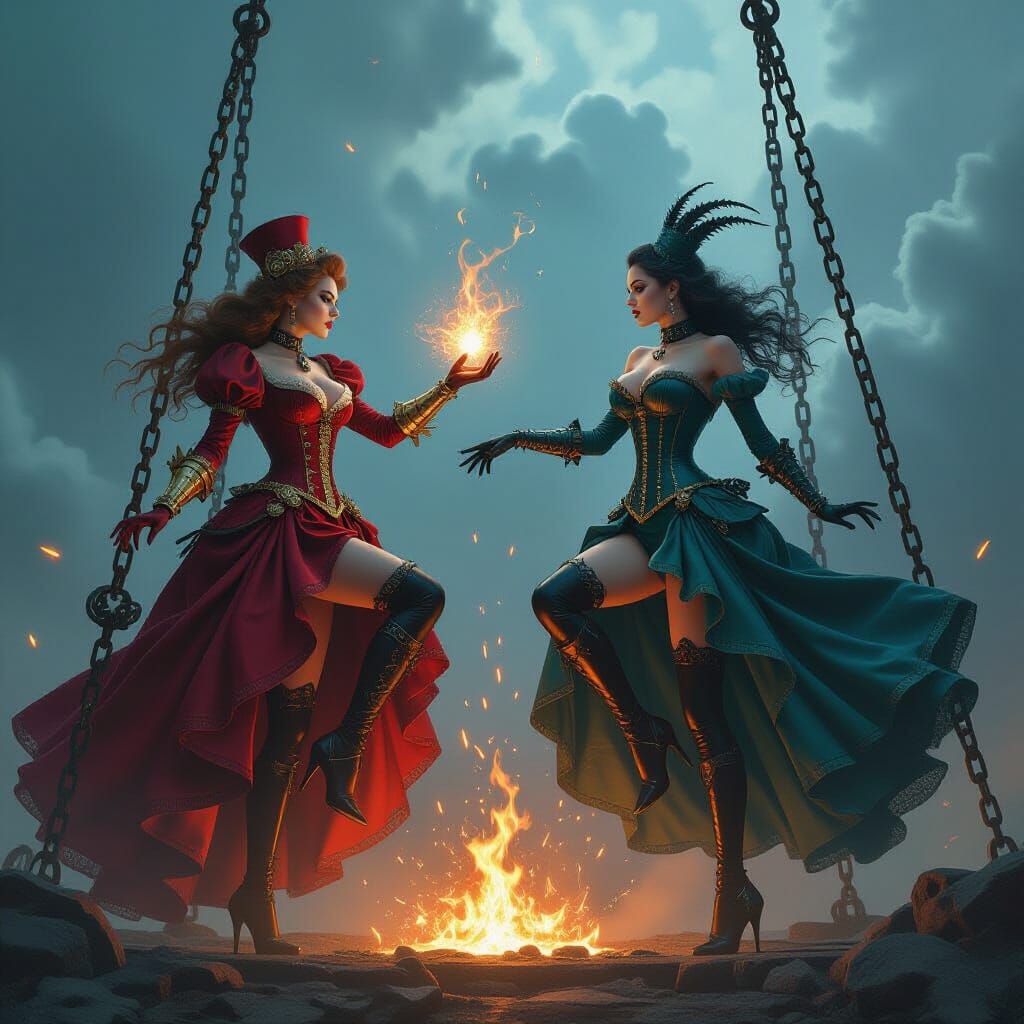 Gothic Ladies Duel Atop Chain-Suspended Forge