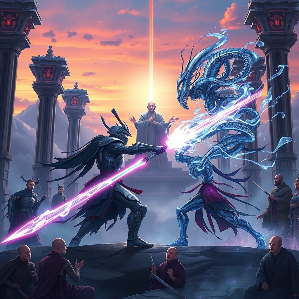 Cyber Samurai Mech Warrior Battles Shapeshifter in Sky Templ...