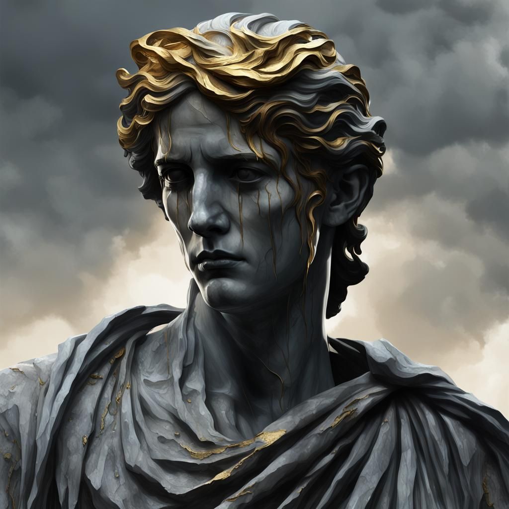 Distressed Marble Statue with Golden Halo