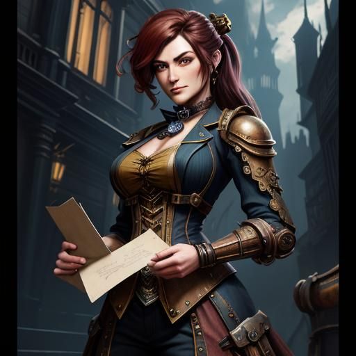 Steampunk Woman with Letter: Detailed Matte Painting