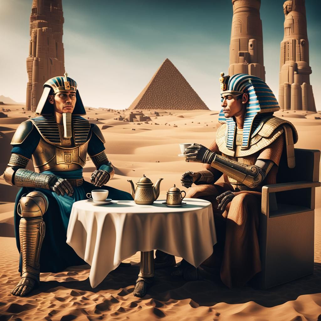 Cyborg and Pharaoh Tea Party: Cinematic Still