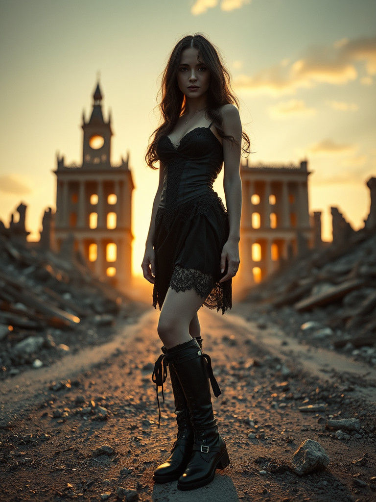 Elegant Gothic Goddess on a Desolate, Post-Apocalyptic Road