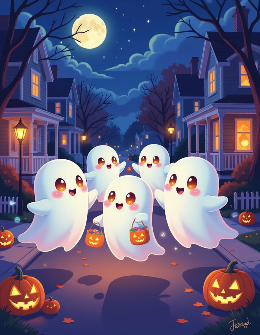 Cute Chibi Ghosts Trick-or-Treating on Halloween Night