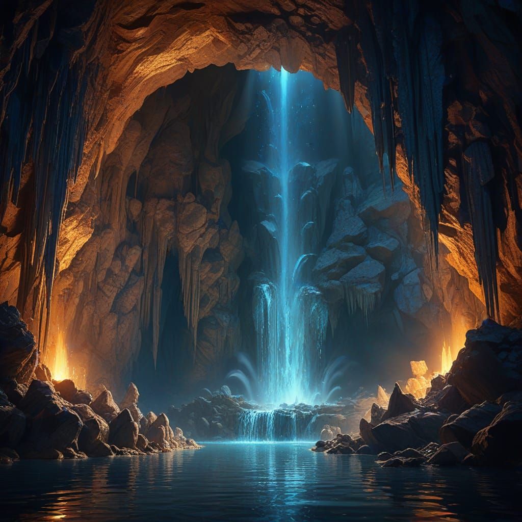 Cavern Fountain with Crystalline Stalactites, Fantasy Art